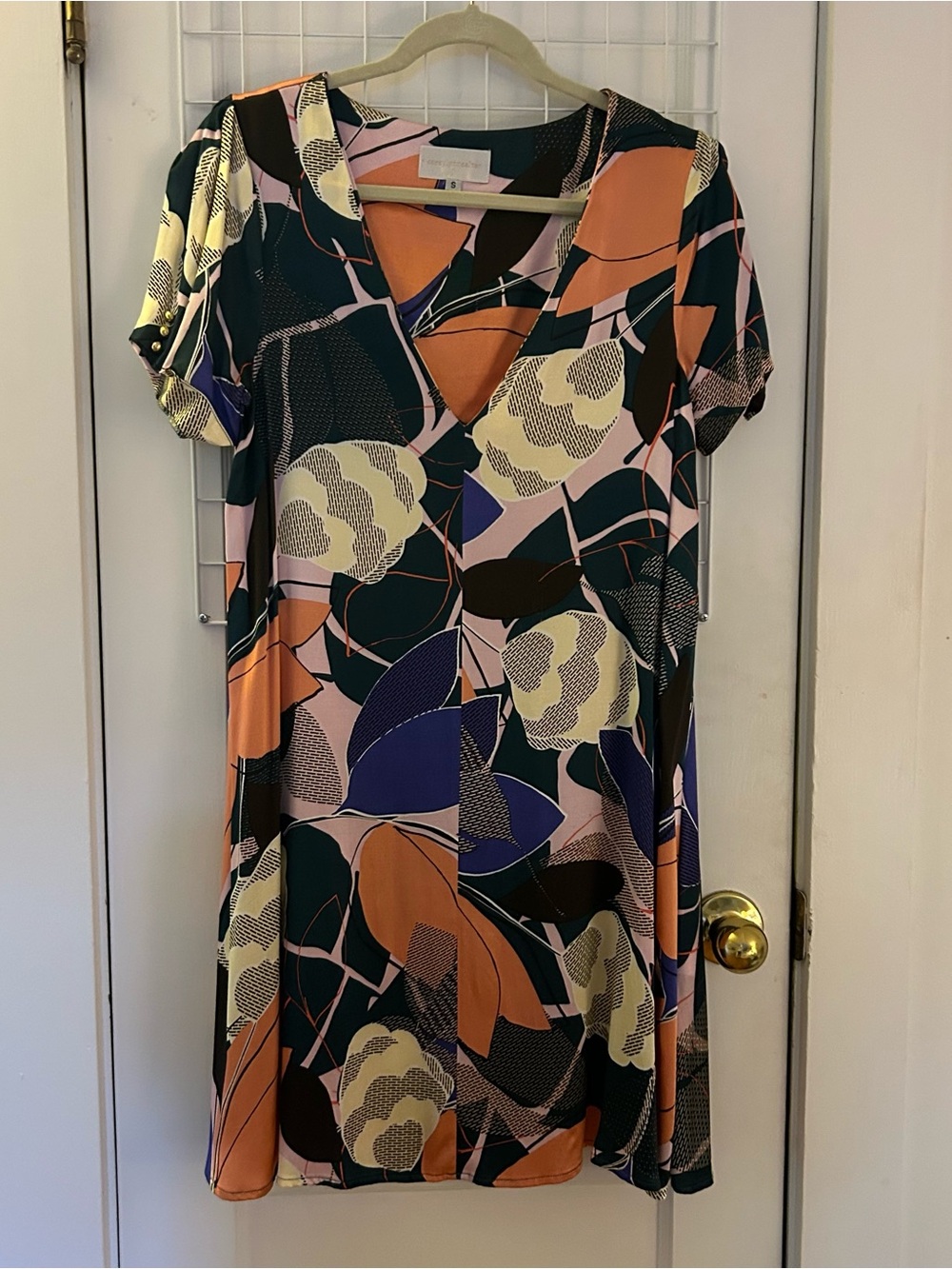 Anthropologie Multicolor Abstract Floral Midi Dress - Navy, Peach, Cream, Purple